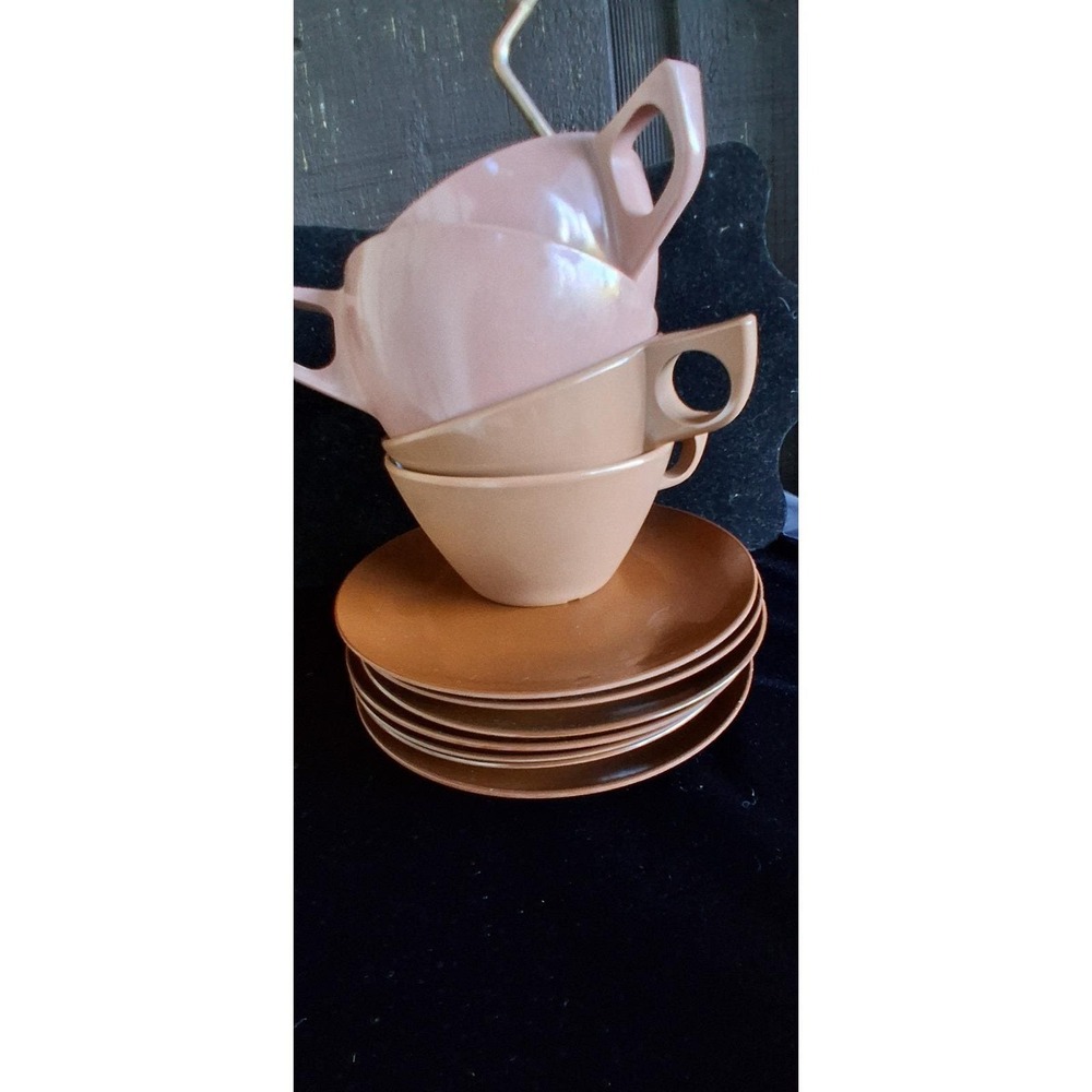 Vintage Brown Melamine 7 Saucers and 4 Cups Brown & Rose Color Made In USA